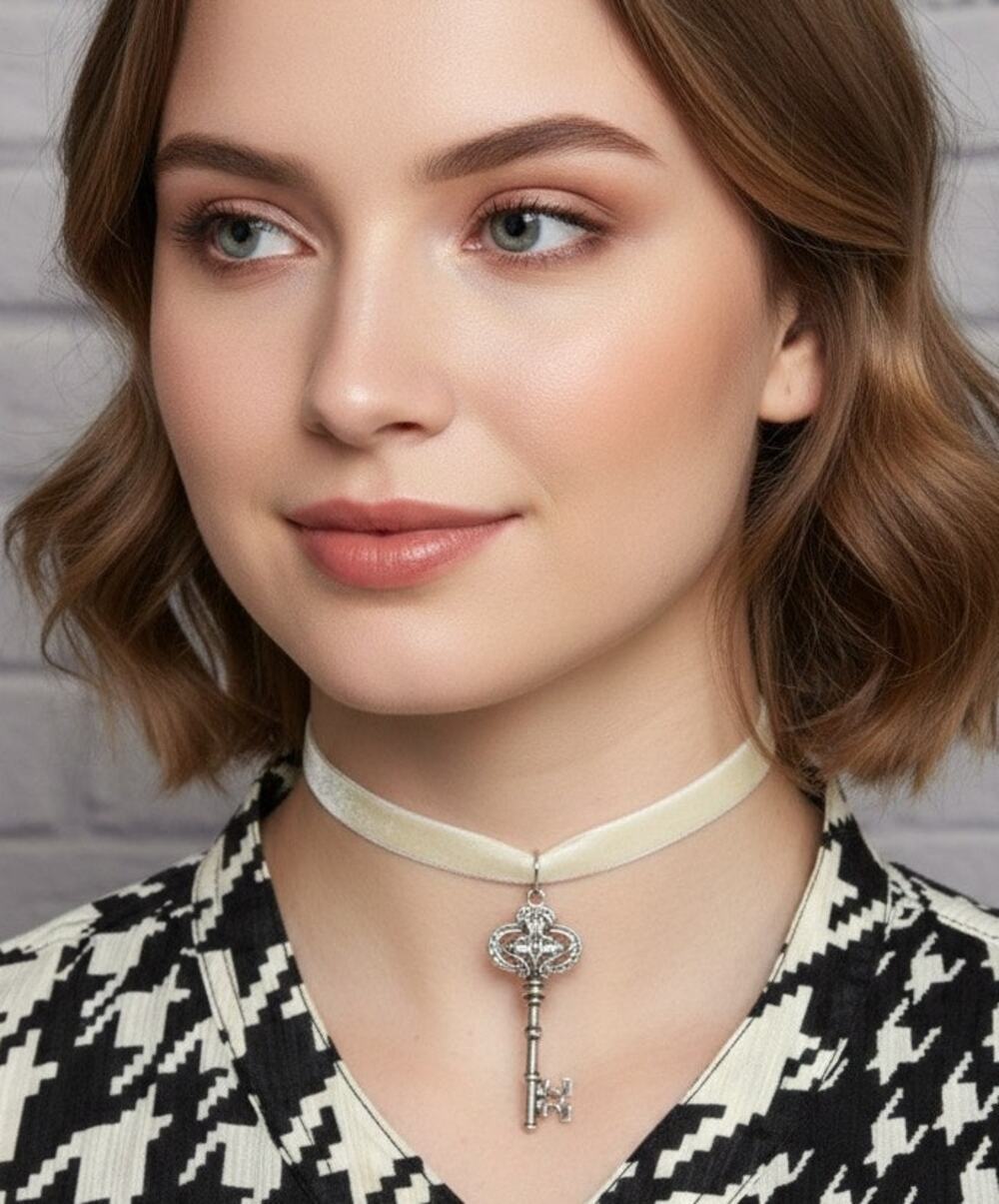 Handmade Ivory Velvet Skeleton Key Choker Necklace